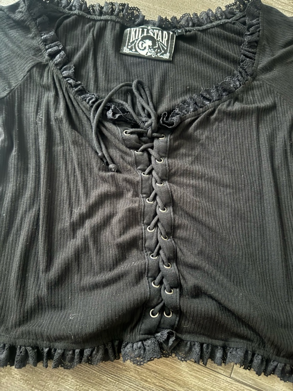Killstar Black Lace-Up Ruffle Crop Top - Picture 3 of 5